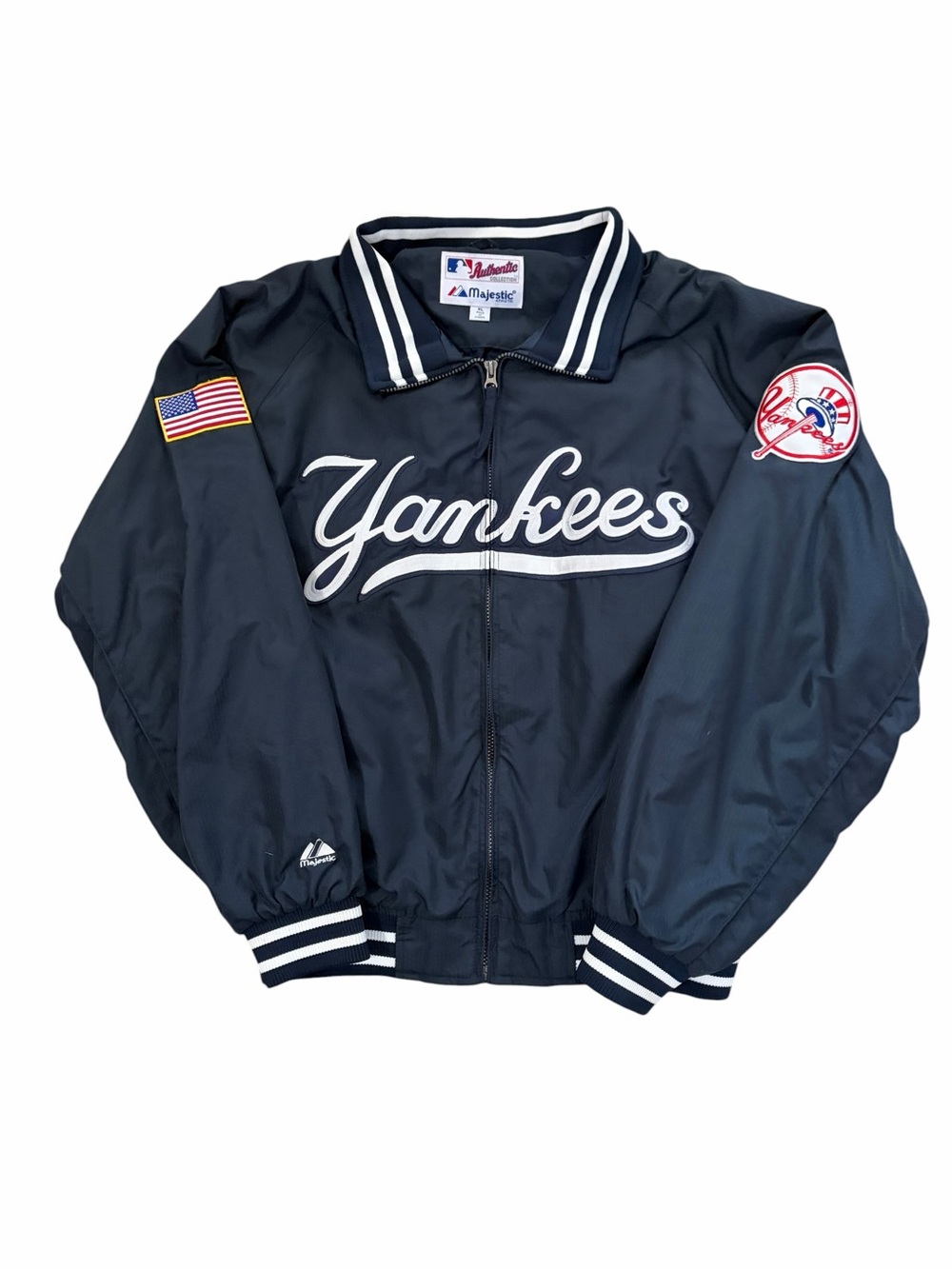 VTG Majestic New York Yankees Dugout Jacket Men’s XL USA Flag Patch 90s MLB
